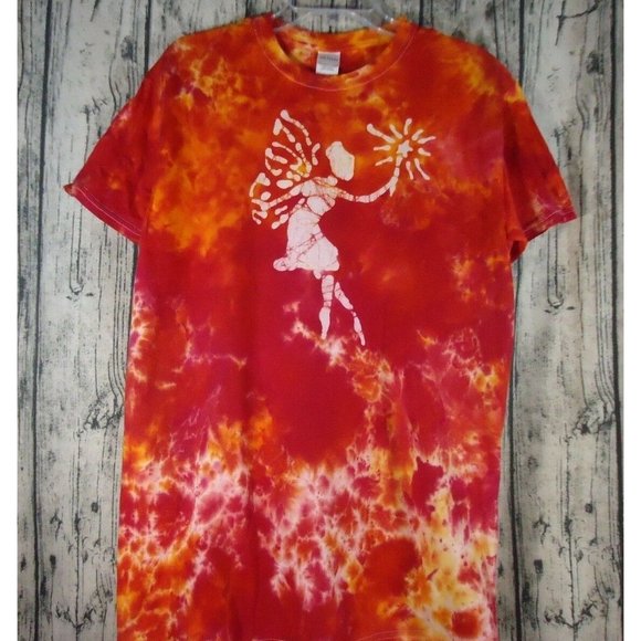 Handmade Tops - Tie Dye Batik Handmade OOAK Unisex Short Sleeve Top Tee Shirt Medium Flame Fairy